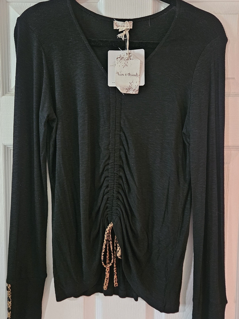 Hem & Thread Black Long Sleeve Ruched Front Top with Leopard Tie